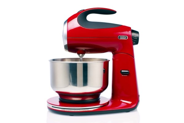 A red stand mixer