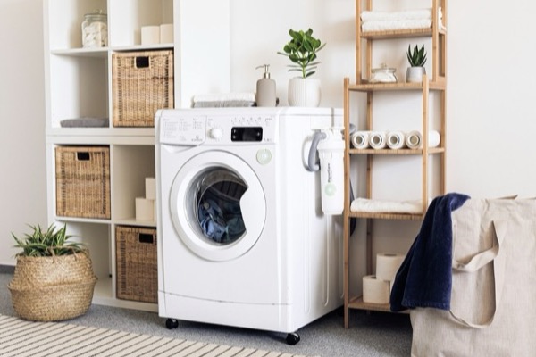 A white front-loading washing machine