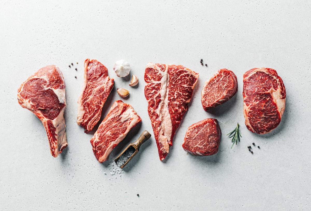 A selection of raw meat cuts on a table