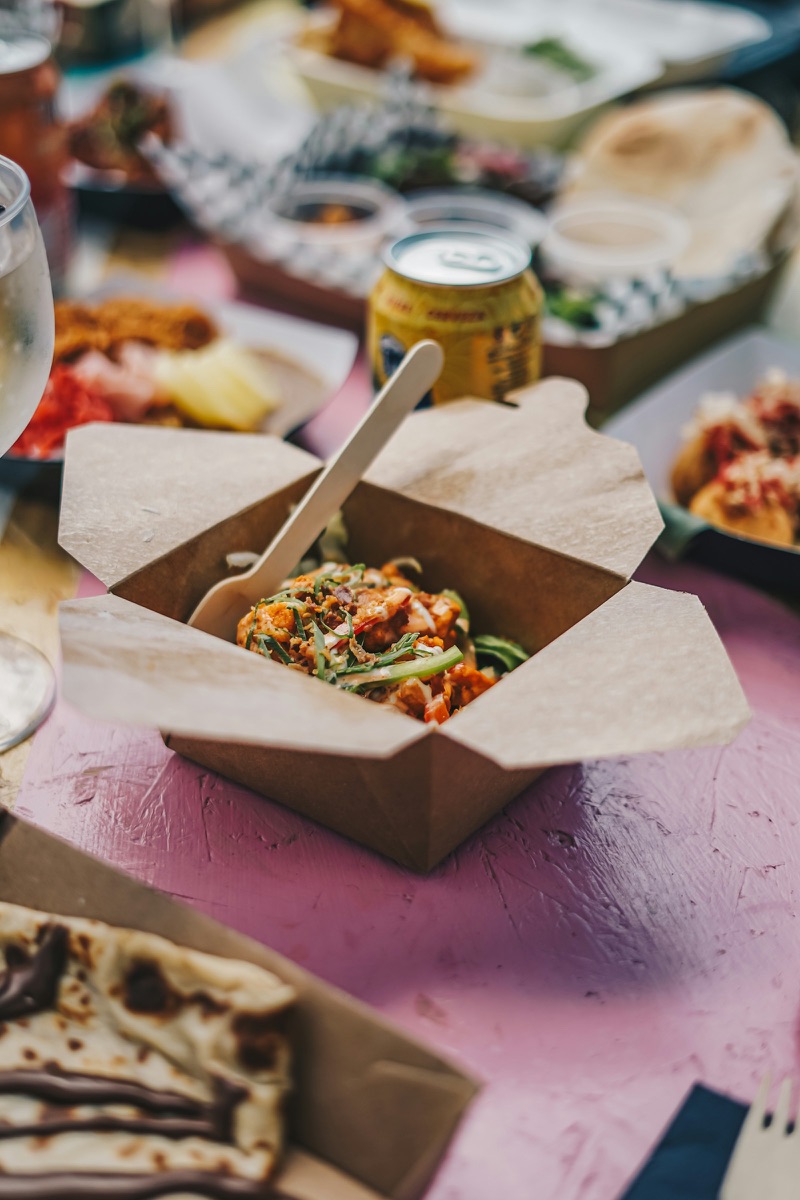 Takeaway food packaging on a table