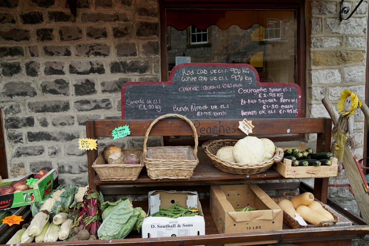 Fresh vegetables on sale outside a shop in northern England
